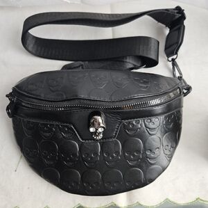 Black Skull Embossed Crossbody Bag Fanny Pack Faux Leather Gothic